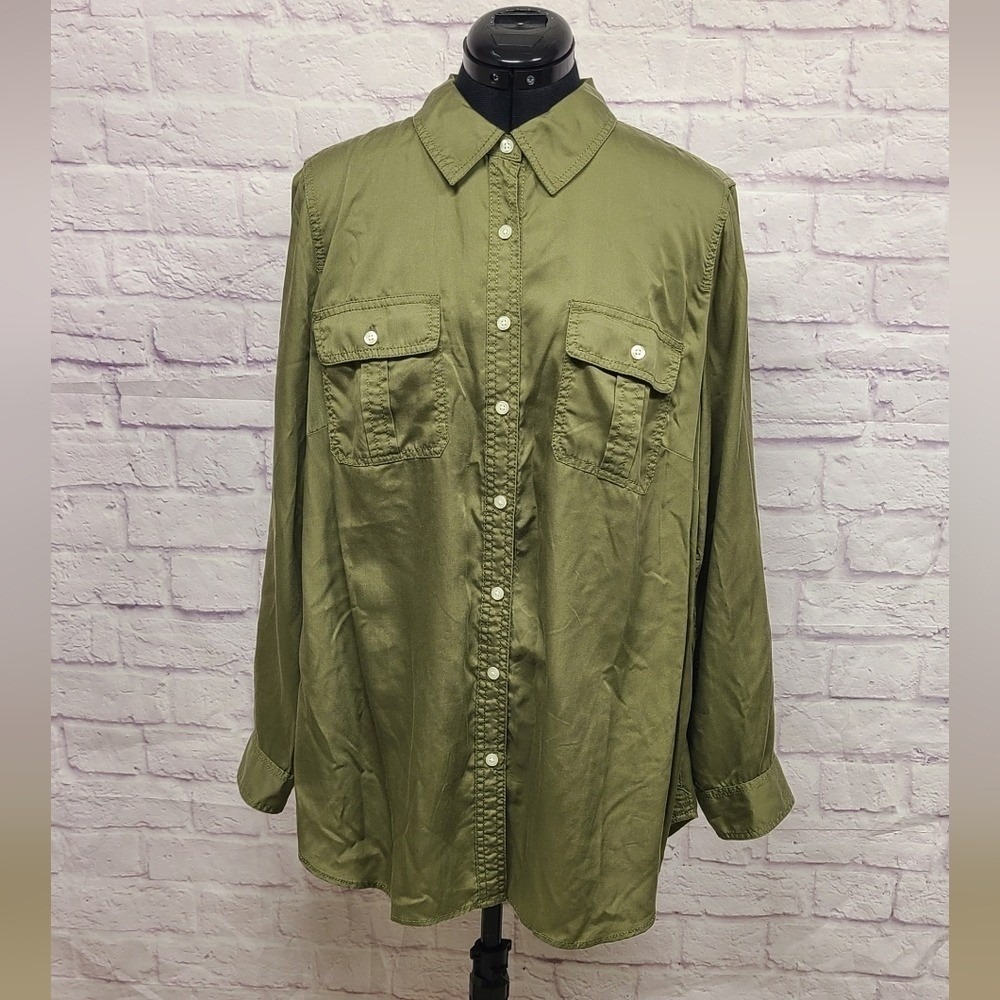 Talbots Plus Olive Green Lyocell Utility Button Down Shirt 1X Roll‎ Tab Sleeve